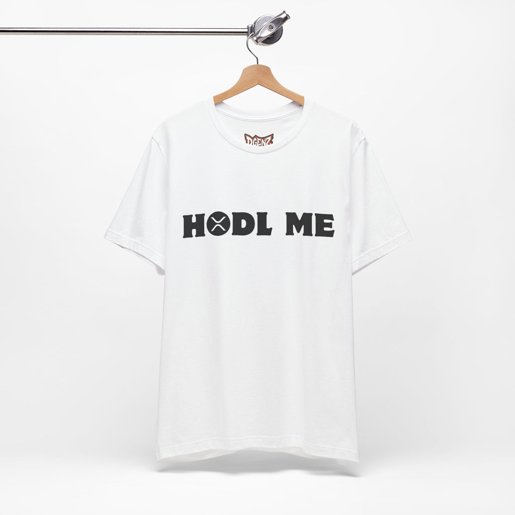 White HODL ME XRP Ripple crypto t-shirt displayed on hanger