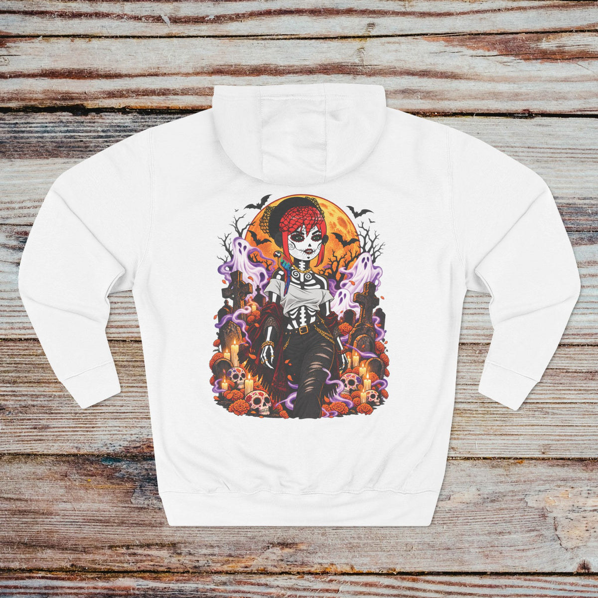 White DGENZ Calavera NFT Hoodie back with haunted graveyard character artwork