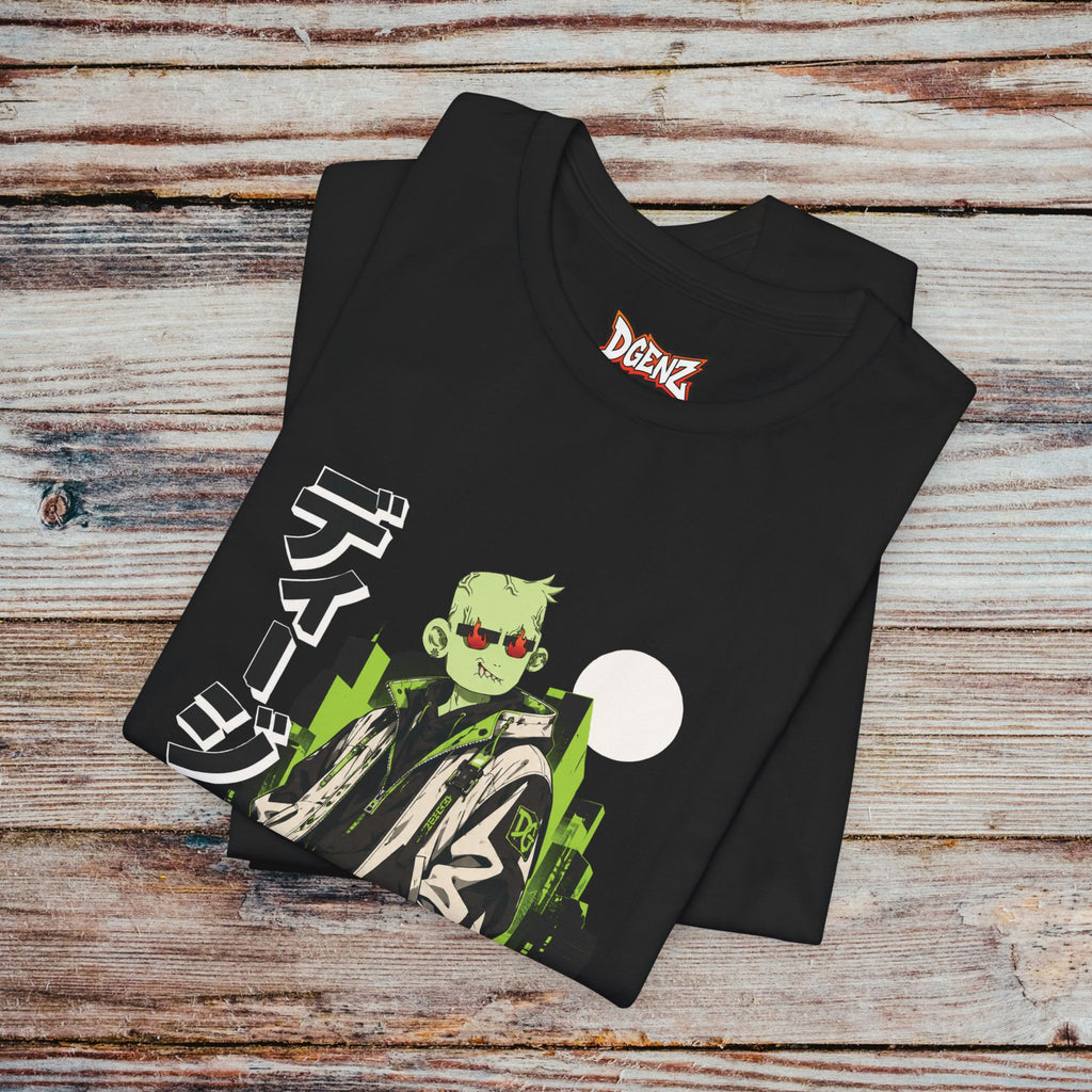 Folded black DGENZ Cyberpunk NFT T-Shirt with anime streetwear character graphic