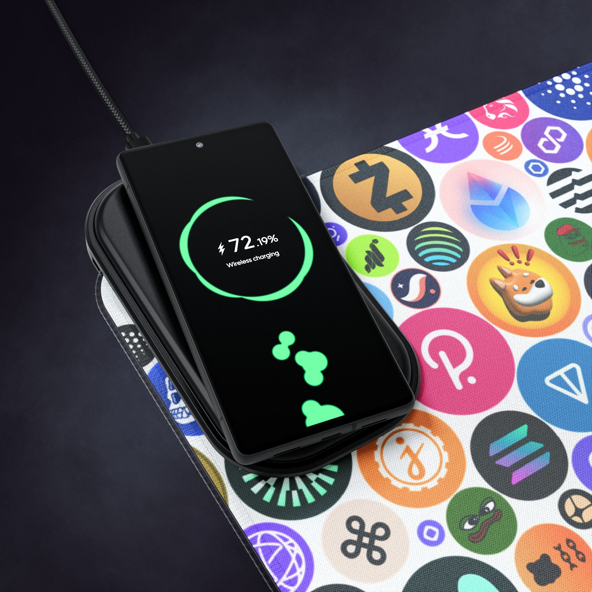 Wireless charging gaming mouse pad with colorful crypto design
