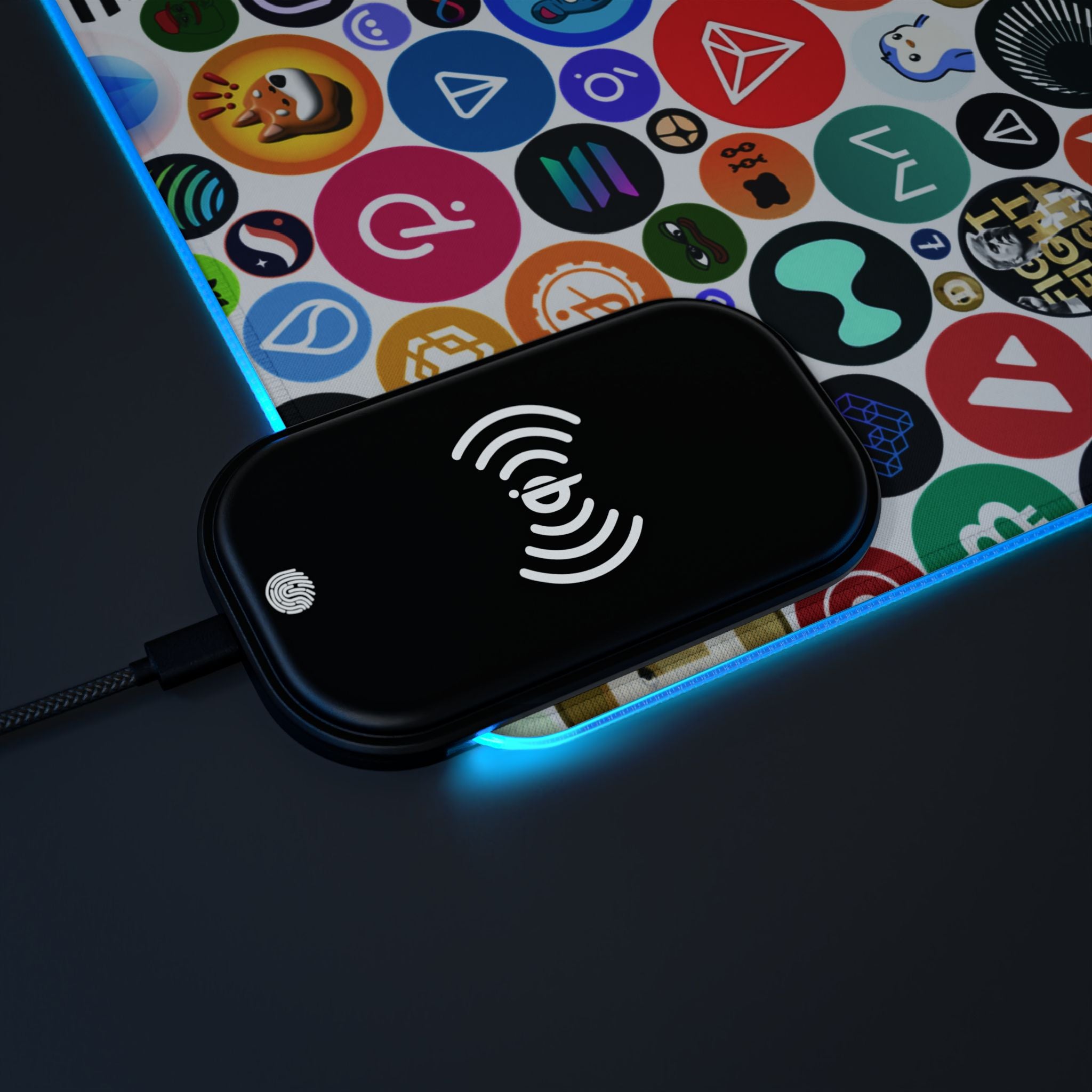 RGB desk mat with Qi wireless charging for crypto traders